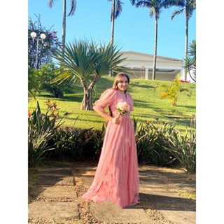 VESTIDO ROSE COM MANGA TULE COM BRILHO MADRINHA DE CASAMENTO OU PRÉ WEDDING