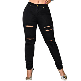Calça Jeans Preta Feminina Super Lycra Modelo Skinny Cintura Alta Costura Levanta Bumbum