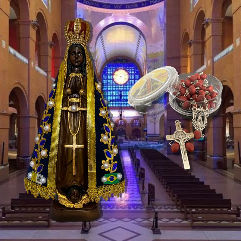 Imagem Nossa Senhora Aparecida Resina e Gesso 32cm + Terço Perfumado Nossa Senhora Aparecida - Kit especial