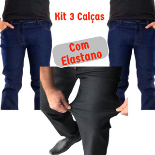 Kit 3 Calças Masculina Azul Escuro Preto Calca Jeans Trabalho Lycra Elastano
