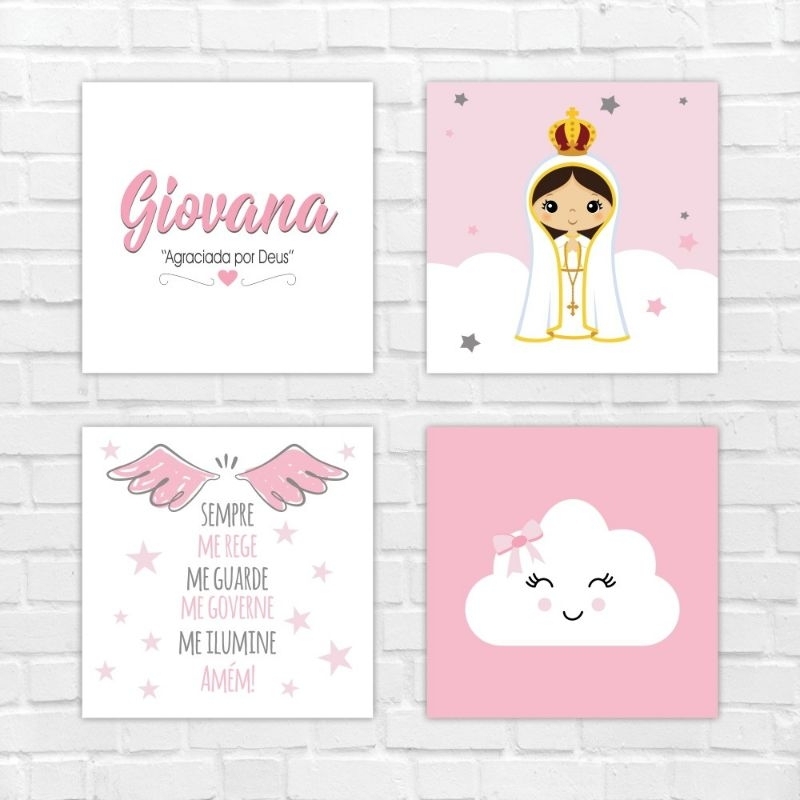 Placa Quadro Decorativo MDF 4 Peças Infantil Personalizada Menina Nossa Senhora de Fátima 20x20