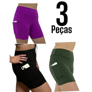 Kit C/ 03 Shorts Academia Feminino Fitness Liso Com Bolso
