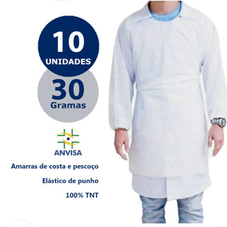 Avental Descartável Branco 30g c/ manga longa TNT gramatura 30 - KIT 10 UNIDADES