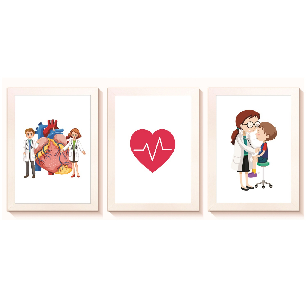Kit 3 Quadros Decoração Cardiologia Pediátrica Cardiologia Medicina Molduras 20x30cm Madeira Vidro Cor Brancas
