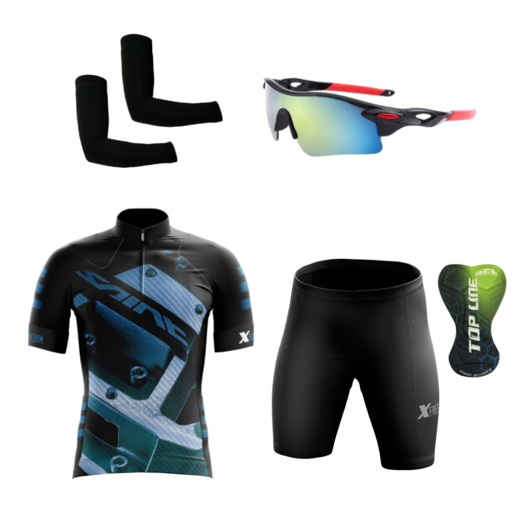 Conjunto Ciclismo Camisa Bermuda C/ Forro Interno + Óculos de Proteção + Manguitos - Kit Ciclismo c/ Diversos Modelos
