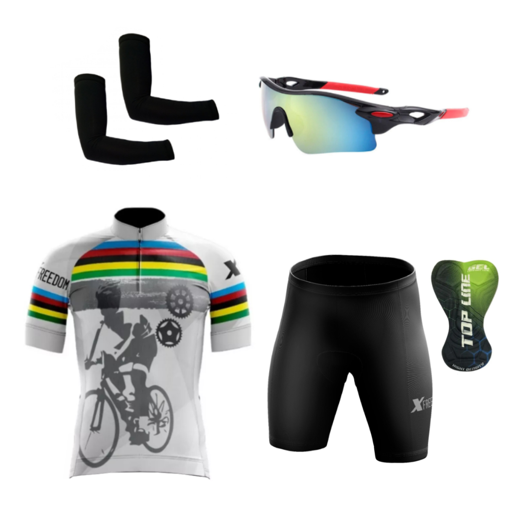 Conjunto Ciclismo Camisa e Bermuda + Óculos de Proteção + Par de Manguito - Kit Ciclismo Diversos Modelos