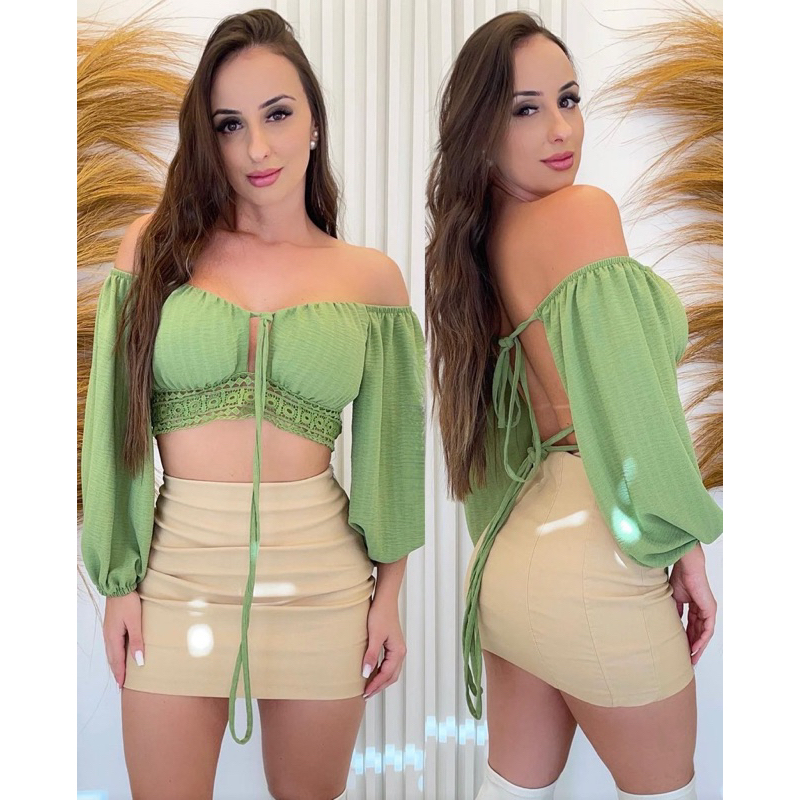 Cropped Manga Longa Renda Trabalhada Bojo