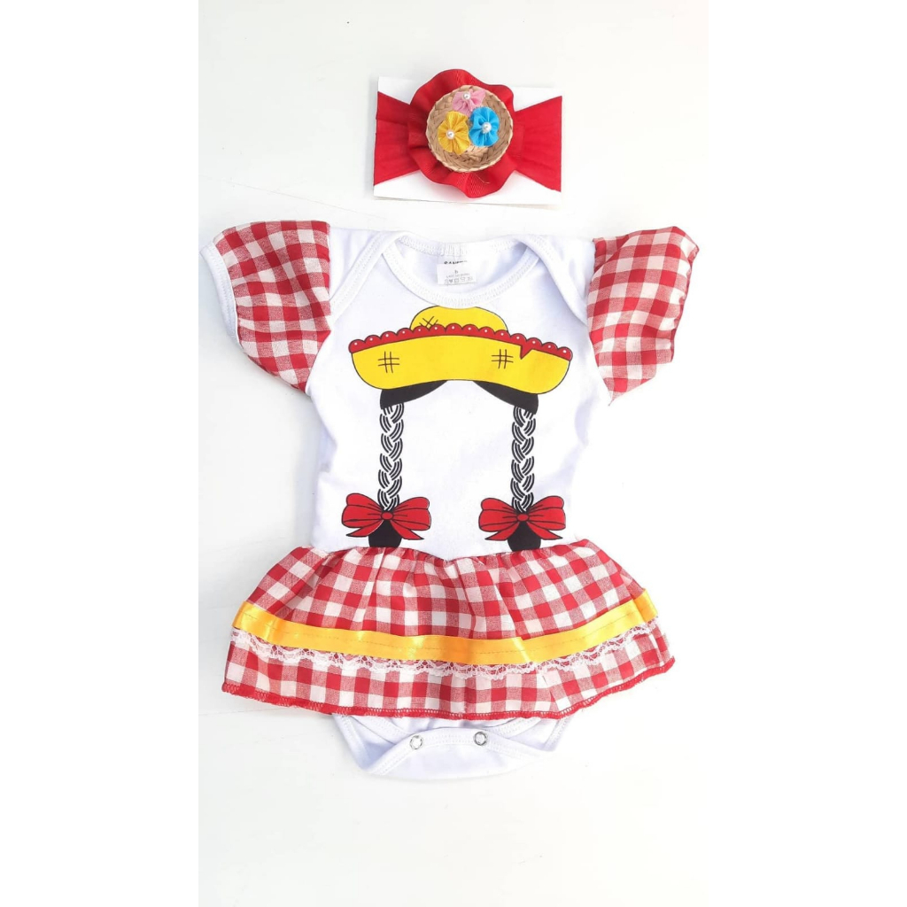 Body Saia Com Faixa de Cabeça Infantil Para Bebês Caipira - Mêsversario, Festa Junina, São João - Rosa, Vermelho, Lilás