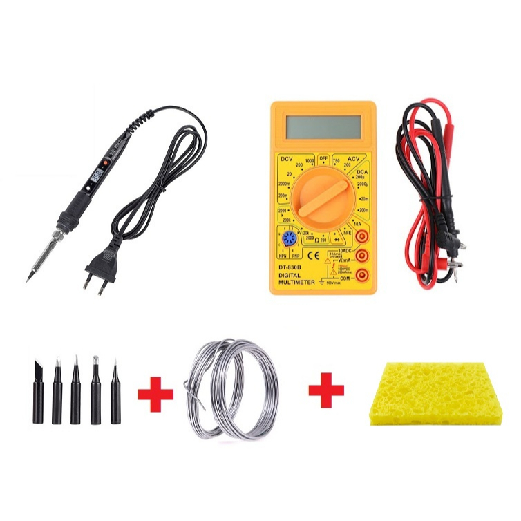 kit eletrônica Feliz: Ferro + ponteiras+ Multimetro + 3m solda