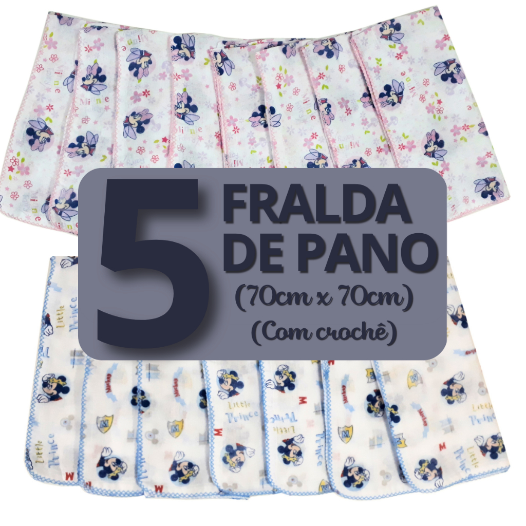 Kit 5 Peças Fralda De Pano Disney Luxo Grande 70x70cm - 100% Algodão Com Crochê Tecido Duplo