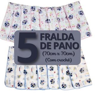 Kit 5 Peças Fralda De Pano Disney Luxo Grande 70x70cm - 100% Algodão Com Crochê Tecido Duplo em Oferta na Shopee