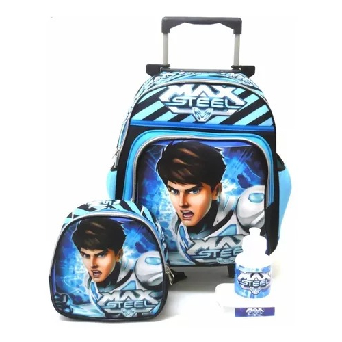 Mochila Escolar Infantil Max Steel Rodinhas G + Lancheira F4