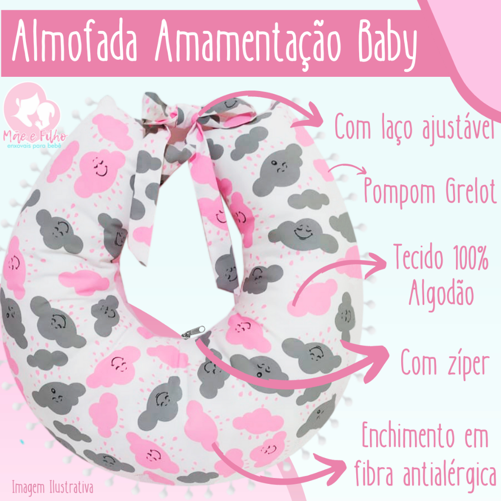 Almofada Amamentação para Amamentar Balão Rosa Travesseiro com Zíper e Pompom Grelot 100% Algodão