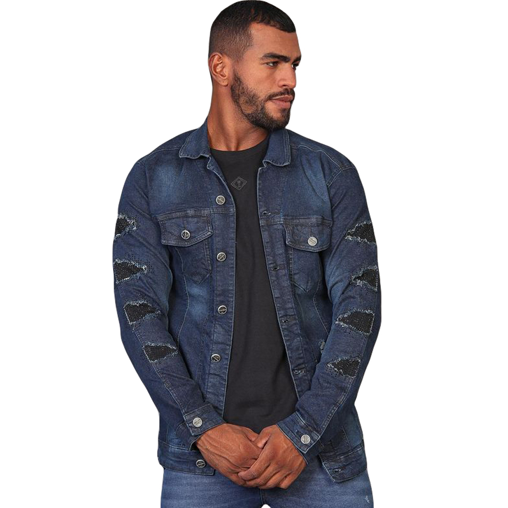 Jaqueta Destroyed Azul Escuro Detalhe Preto Rasgado Codi Jeans Wear Moda Inverno Jaqueta Com Strass