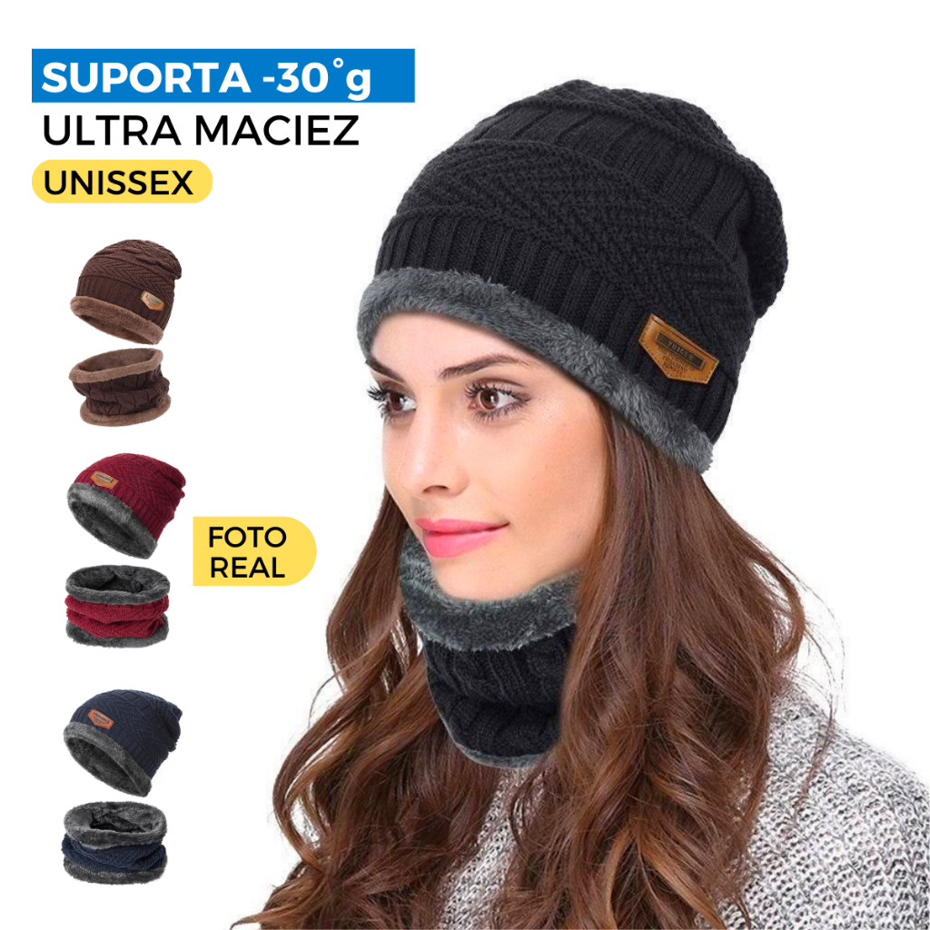 Touca Feminino Inverno de Lã Forrada Adulto Gorro de Frio Com Cachecol Menina Masculino