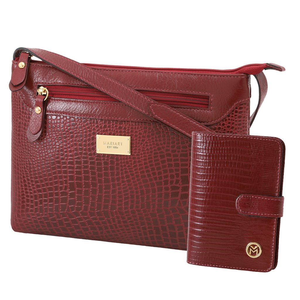 Kit Bolsa e Carteira Couro Lezard Mariart Zíper Alça Transversal 2193+237