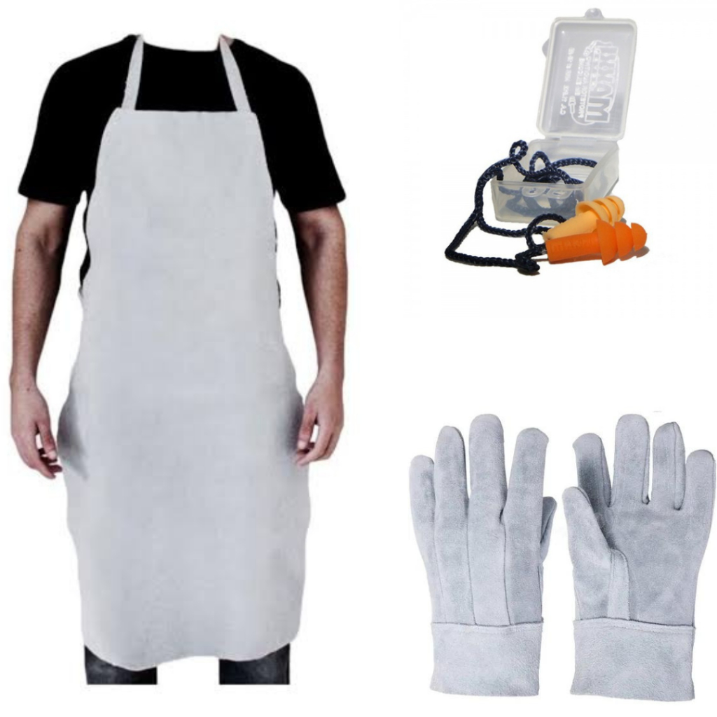 kit avental de raspa couro, luva de raspa punho 7 e protetor auricular