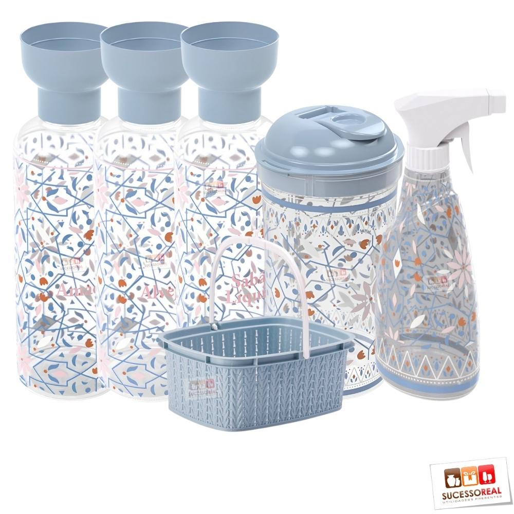 Kit Lavanderia 6 Peças Porta Amaciante, Sabão, Alvejante 970ml e Borrifador Cesto para Prendedor