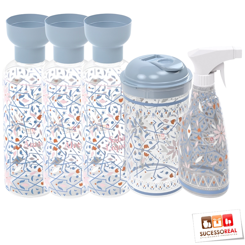 Kit Lavanderia 5 Peças Porta Amaciante, Sabão, Alvejante 970ml e Borrifador