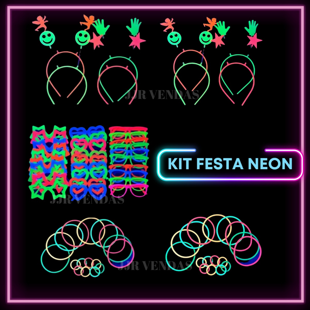 Kit Festa 70 Itens Neon Brilha Luz Negra Adereço Balada