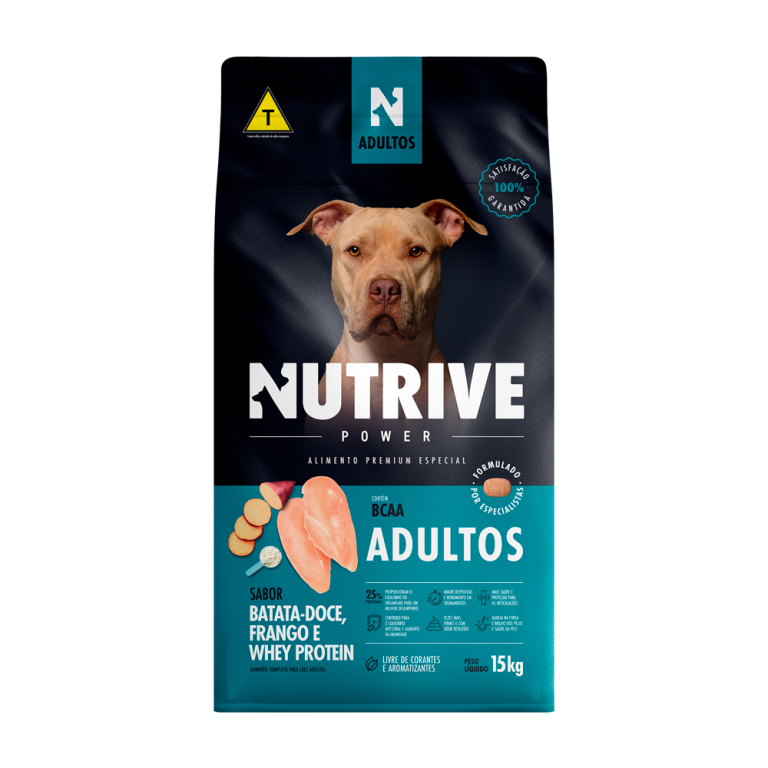 Nutrive Cães Adultos Power 15kg Batata doce, frango e whey protein