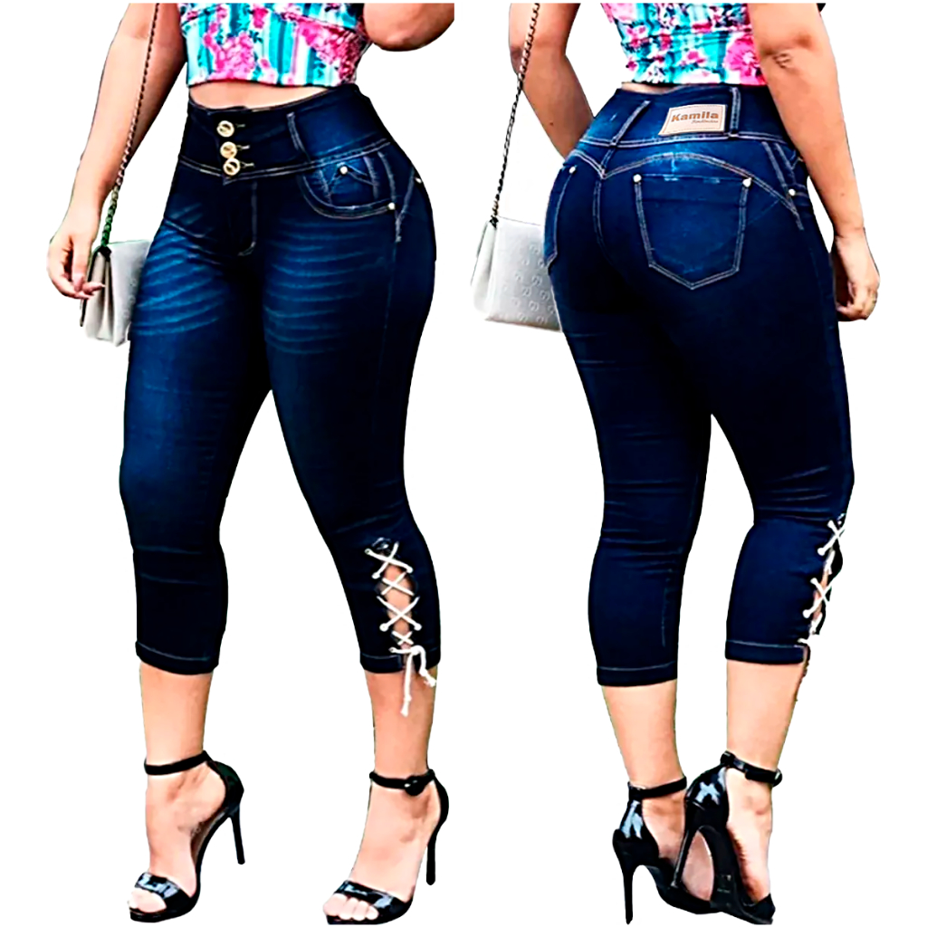 Calça jeans feminina Capri Cos Modeladora cintura alta com lycra fabrica em Oferta na Shopee