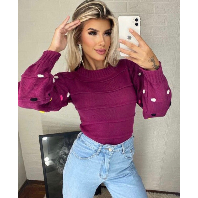 Blusa Feminina tricô Manga Longa Blusa Pompom  Colorido tricot