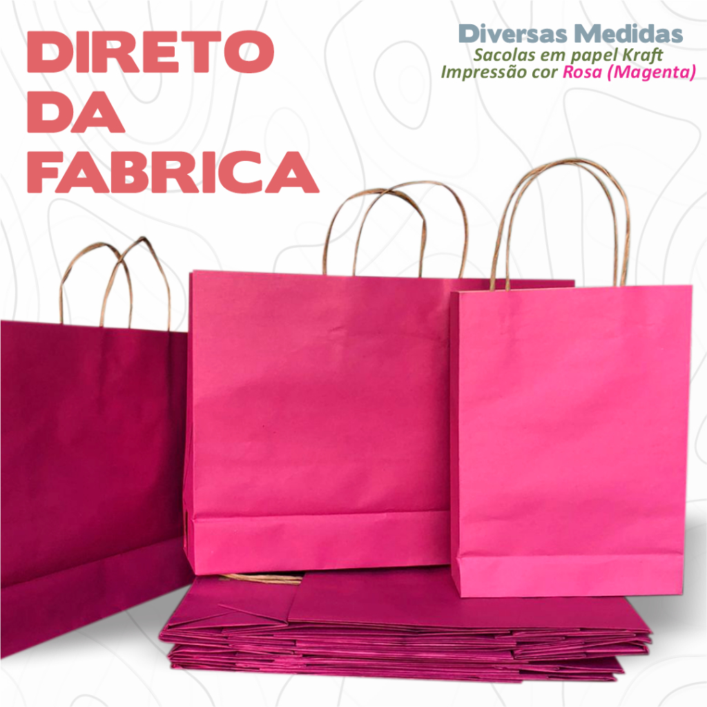 Sacola em Papel Kraft P/M/G/ Rosa - 10 ou 25 Unidades
