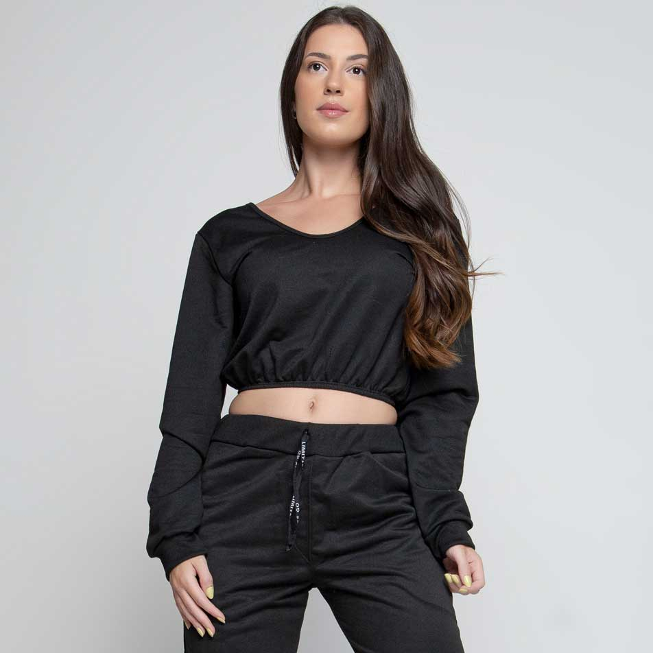 Kit 3 Blusa Cropped Manga Longa Moletom Decote Feminino Inverno Dyeu Modas