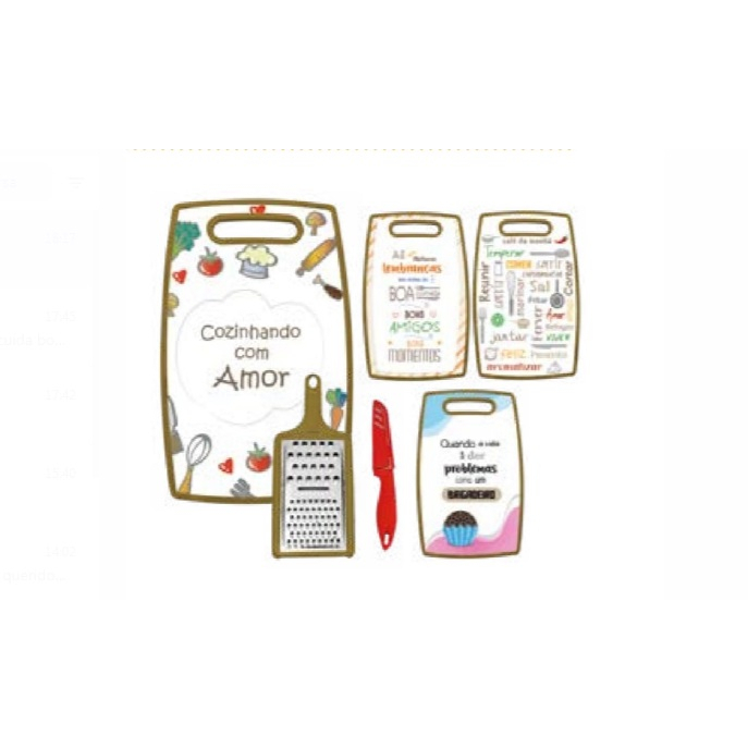 Kit Tábua de Corte Polietileno decorada,  Ralador Inóx e Faca  Churrasco, Legumes, Carne, Frases