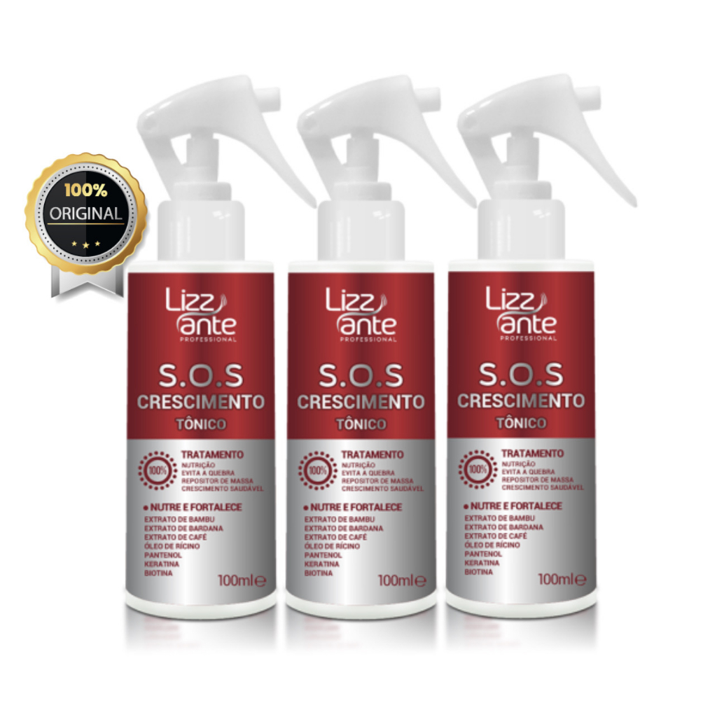 3 Tônico SOS Crescimento 100 ml Lizz ante - Crescimento Acelerado - Preenche Falhas - Combate Calvice - Trata Alopécia - Aumento Volume Massa Capilar - Combate Caspa Oleosidade - Hidrata - Brilho - Cabelo Ressecado - Keratina - Óleo Rícino - Biotina em Oferta na Shopee