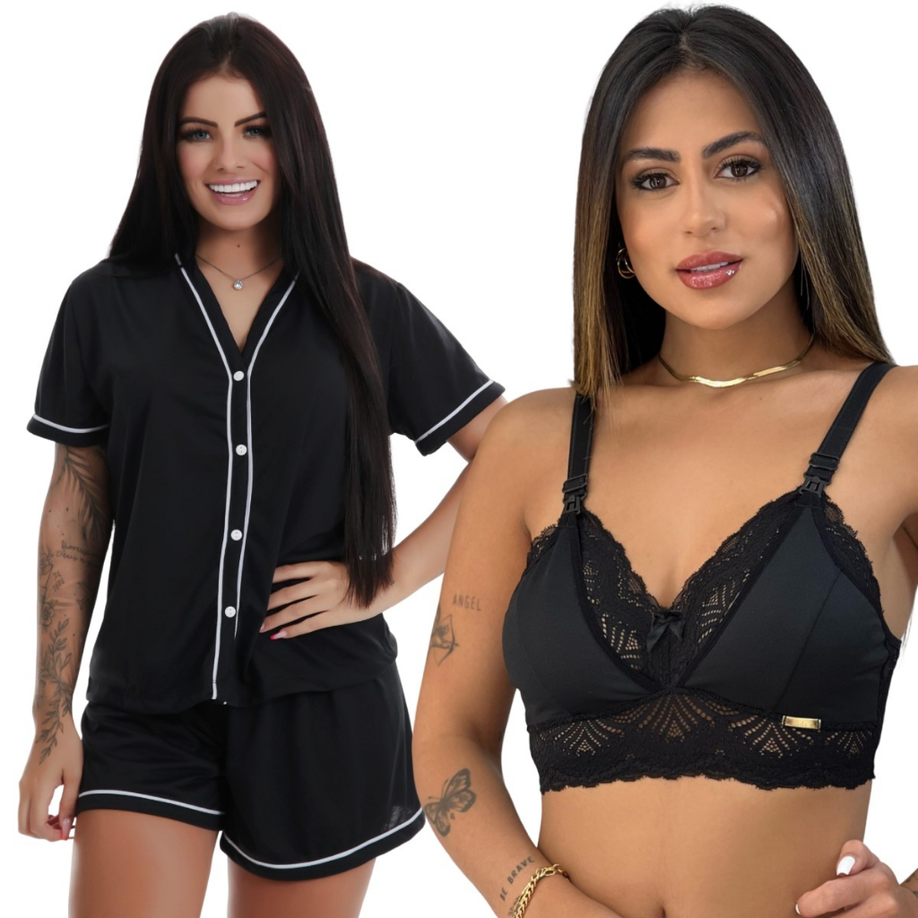 Pijama Curto Botão Amamentação + Sutiã Gestante Renda Glamour