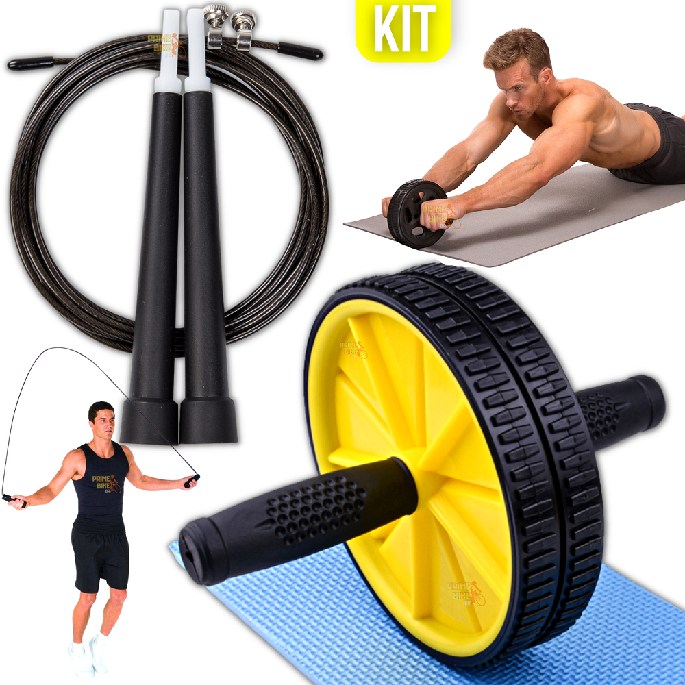 Kit Roda Abdominal + Corda de Pular Profissional Crossfit Treino Funcional