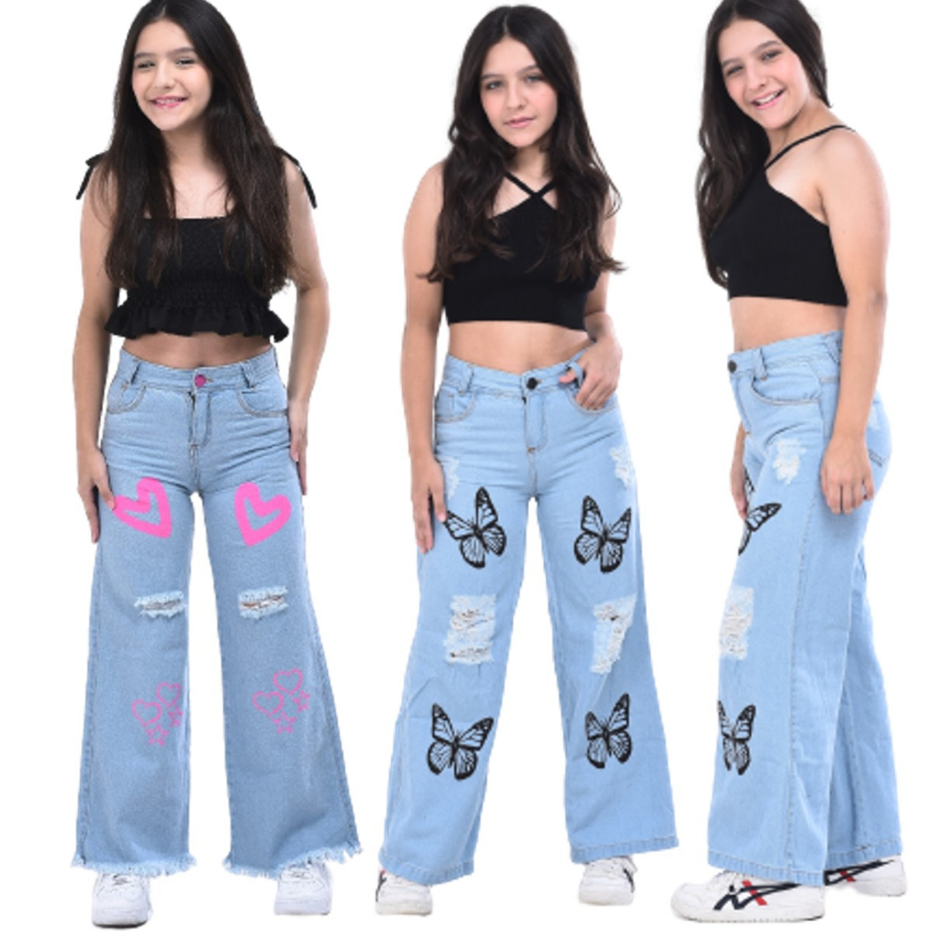 Calça jeans wide leg infantil  pantalona com desenho lote estampada do 10 aos 16