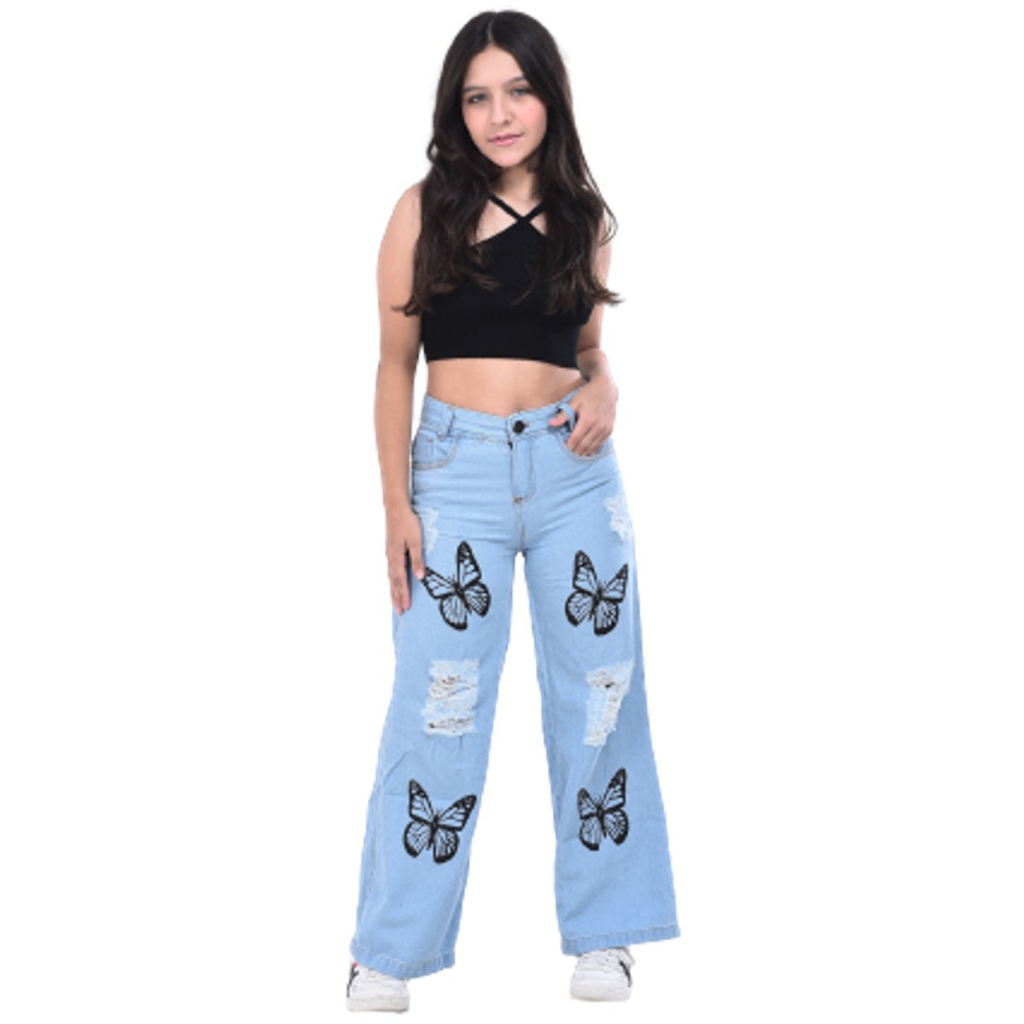 Calça jeans pantalona estampada meninas wide leg infantil juvenil com desenho