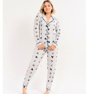 Pijama americano blogueirinha longo malha calça e blusa manga longa botão gestante amamentação inverno
