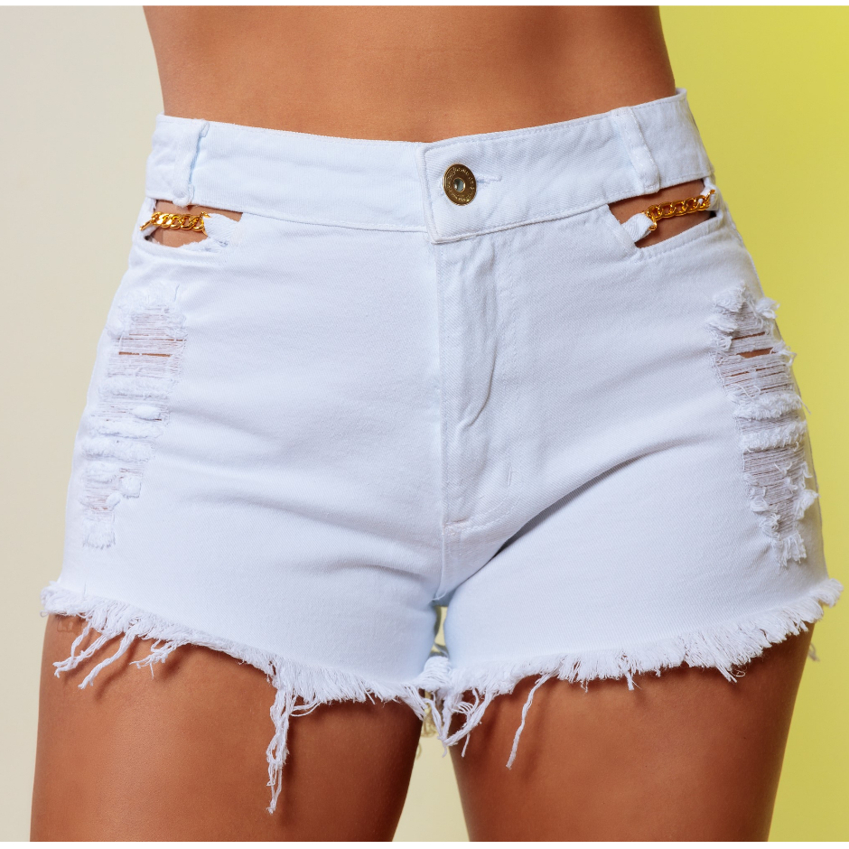 Shorts Jeans Feminino Correntinha Branco