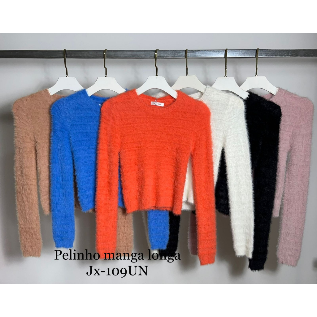 Blusa feminino Pelinho Pelúcia cropeed  Manga Longa detalhes de listras jx-109