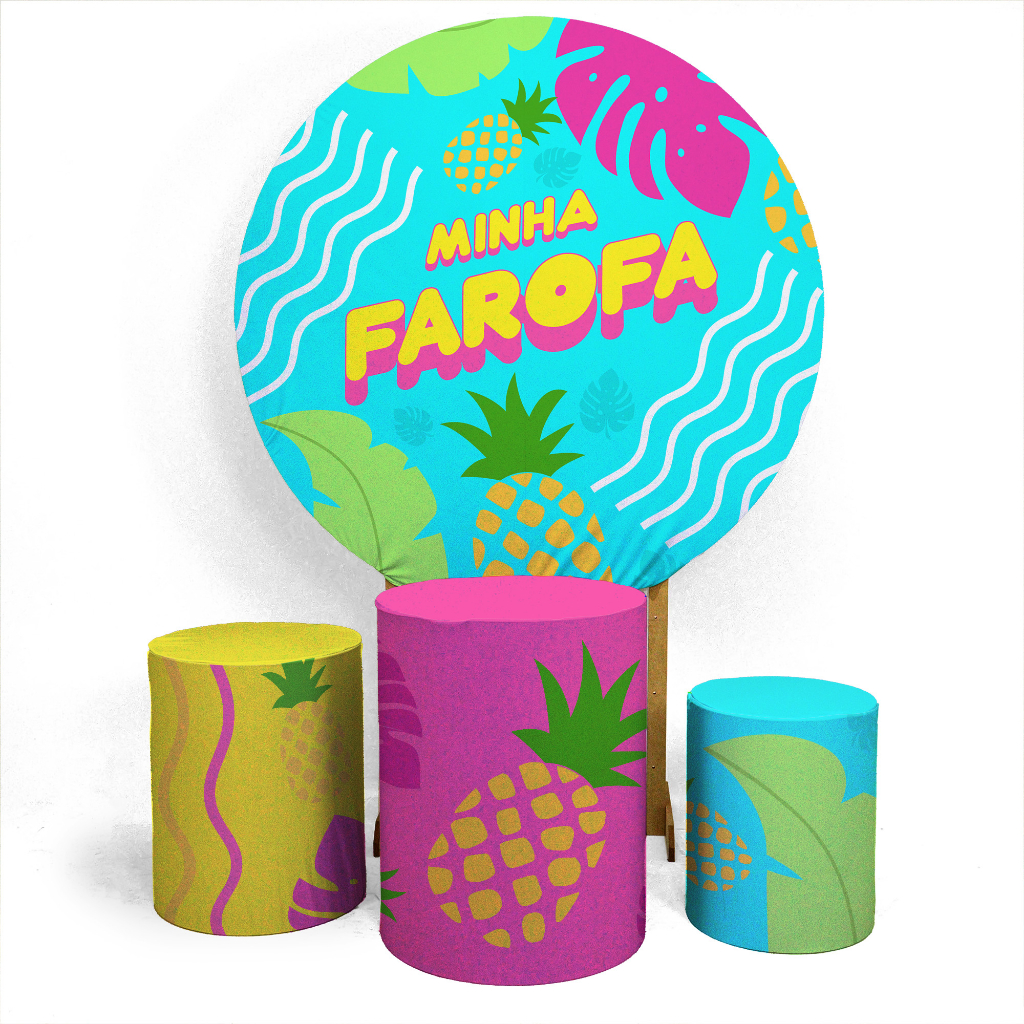 Kit Capa Painel 1,5 x 1,5 Trio Capas Cilindro P M G Tema:Minha Farofa Sublimado Veste Fácil Promoção
