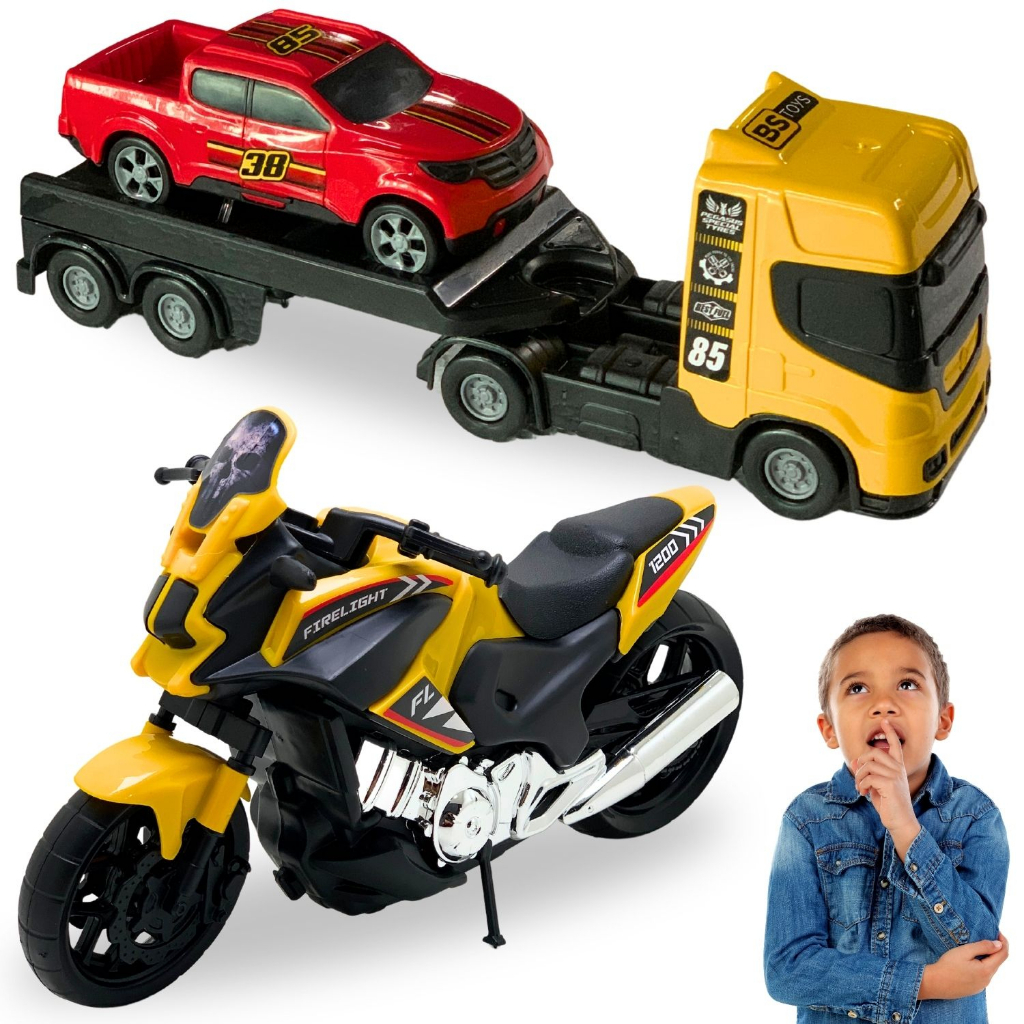 Kit 2 Brinquedos Moto Big Trail + Caminhão Prancha com Carrinho incluso Brinquedo Lindo para presente
