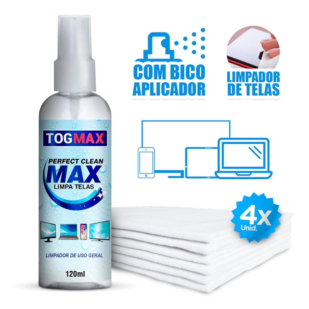 Limpa Telas Spray 120ml + 4 Flanelas Lente Câmeras Aplicação Película Notebook Monitores Celulares