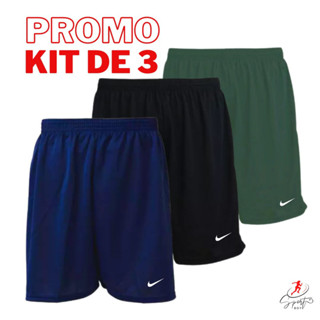 Kit 3 Shorts Academia Bermuda Futebol Preto Marinho e Verde Acinzentado P M G GG