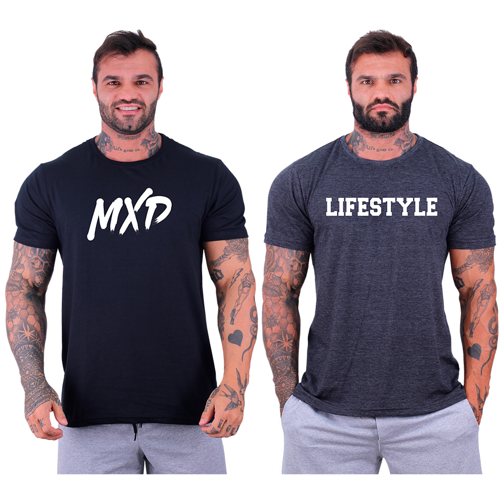 Kit 2 Unidades Camiseta Masculina Tradicional MXD Conceito Com Estampas Academia Treino Fitness