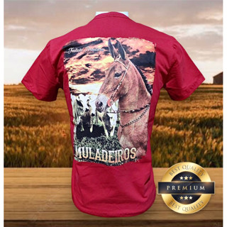 Camiseta Country Muladeiro Diversas Estampas Excelente Qualidade Fio 30.1 Penteado 100% Algodão Cor Vermelha Atacado e Varejo Rodeios Cavalgadas Vaquejadas