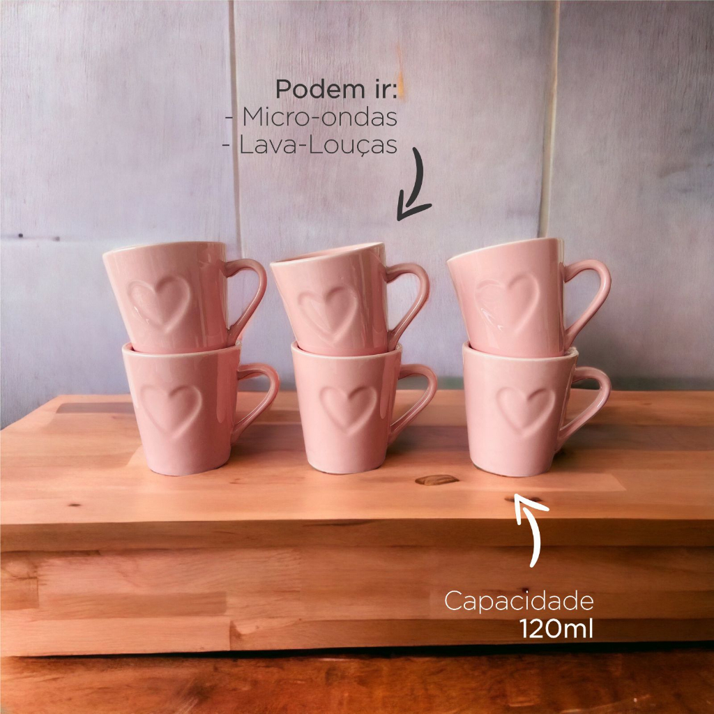 Jogo Kit 6 Canecas/ Xicaras Café Porcelana Coração Relevo