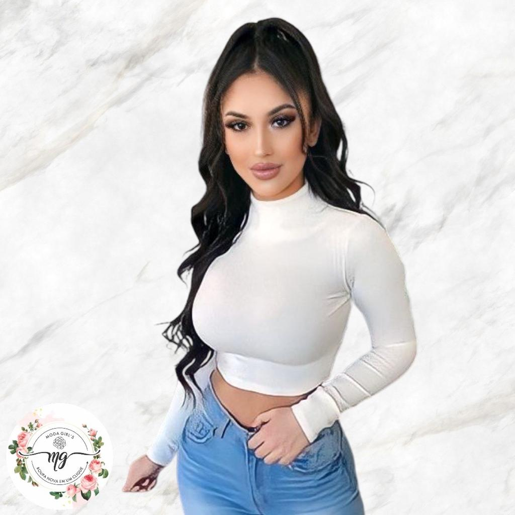 Blusa feminina cacharrel Cropped canelado gola alta manga longa de frio inverno básica liso