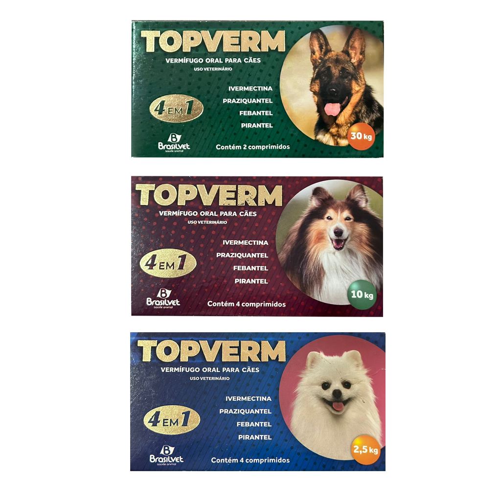 Vermífugo TOPVERM 4 em1 Para Cães Até 2,5 Kg até 60kg - BrasilVet