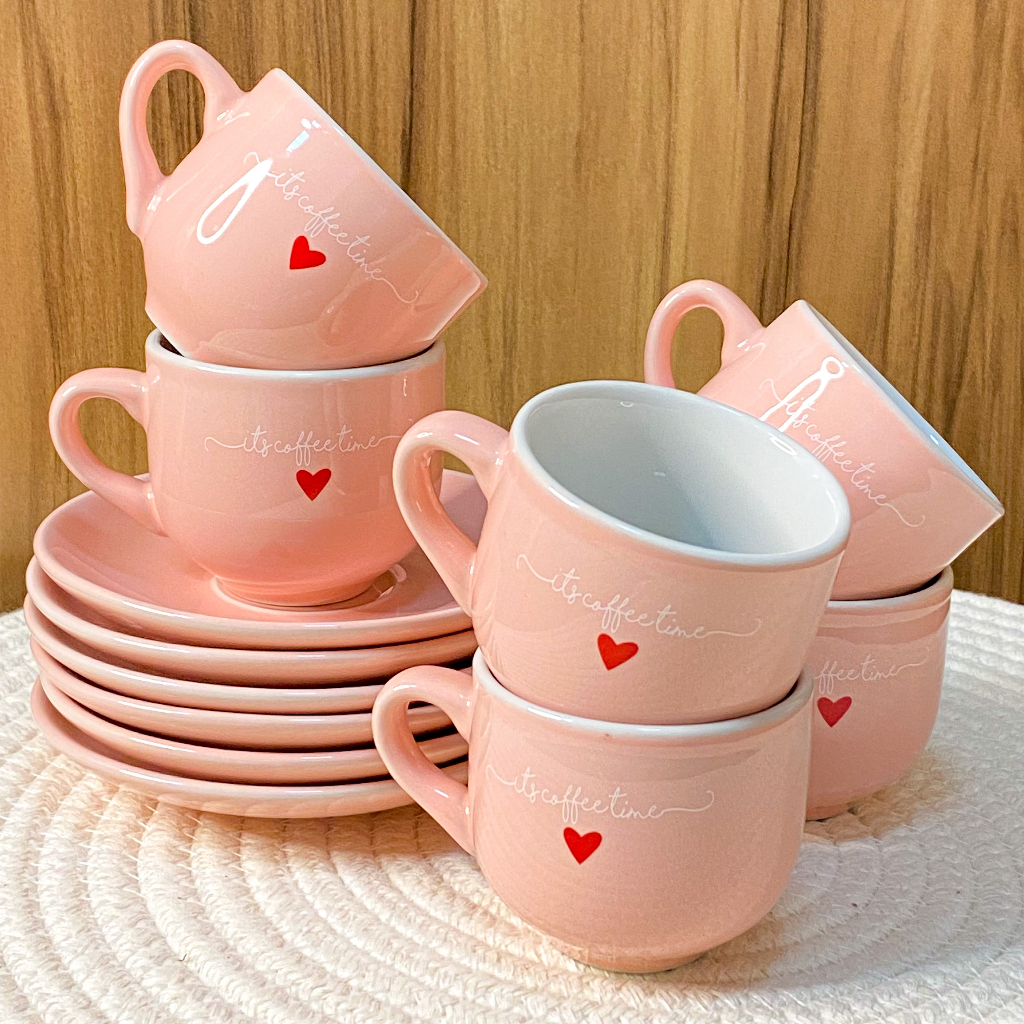 Jogo C/12 Peças  Xícaras Com pires Café Chá Porcelana/Cerâmica 90ml Lamour Rosa e Branca