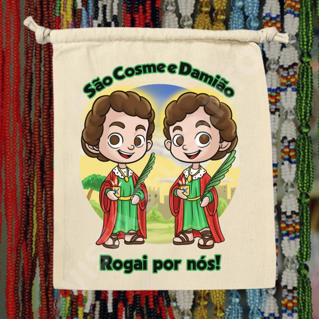 Saco Porta Guias Umbanda Quimbanda Candomblé Santo São Cosme e Damião Algodão Cru 022