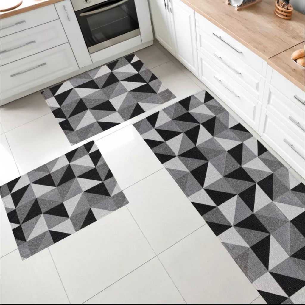Kit Passadeira Para Cozinha 3 peças Antiderrapante Geométrica Jacquard Emborrachado com Acabamento em Bainha